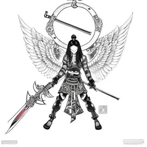 fallen angel with sword and shield tattoo design idea