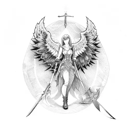 fallen angel with sword and shield tattoo design idea