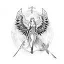 fallen angel with sword and shield tattoo design idea