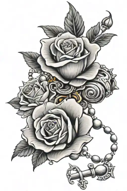 rose and rosary wrapped tattoo design idea