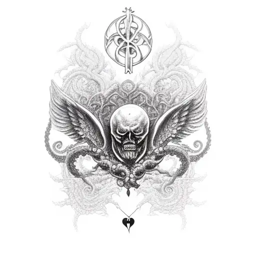 gothic sleeve with cathedral background and angel, kraken tentacle wrapped, heart with veins as branches w/ mom & son  tattoo design idea
