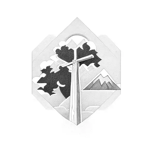 cross, mountains, 3 kids, tree, neurodiversity tattoo design idea