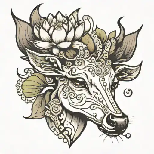 lotus flower pearl deer head tattoo design idea