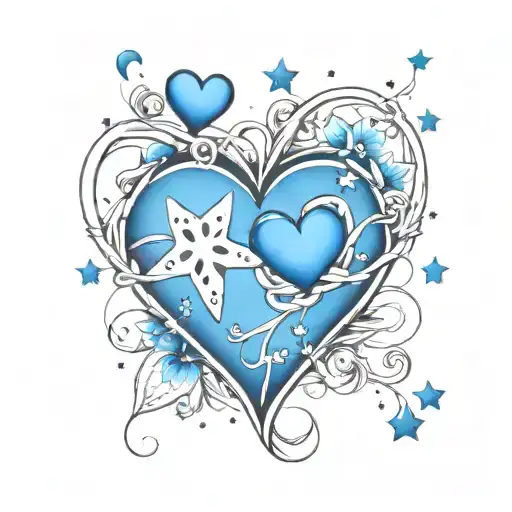 blue heart intertwined with stars and paw prints slowly fading tattoo design idea