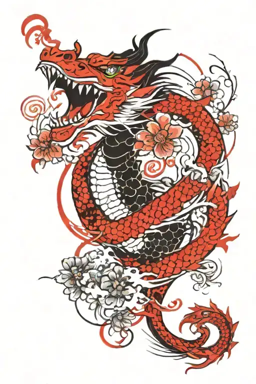 Japanese dragon, Sakura tree and koi fish tattoo design idea