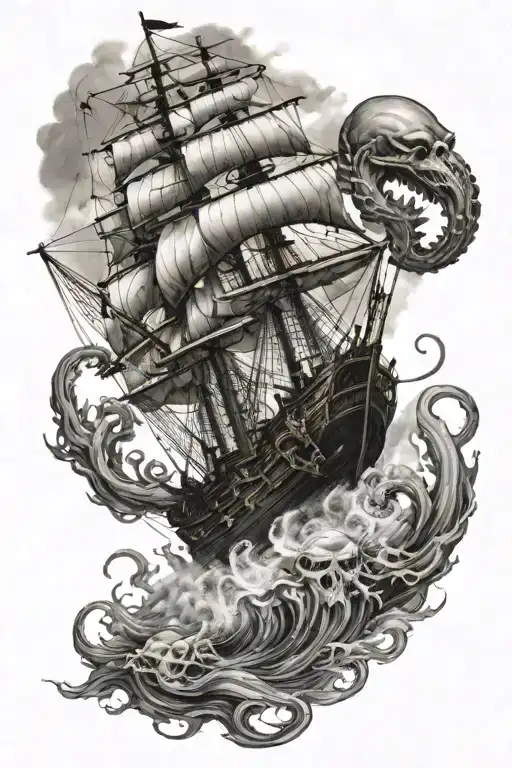 kraken pulling down pirate ship tattoo design idea