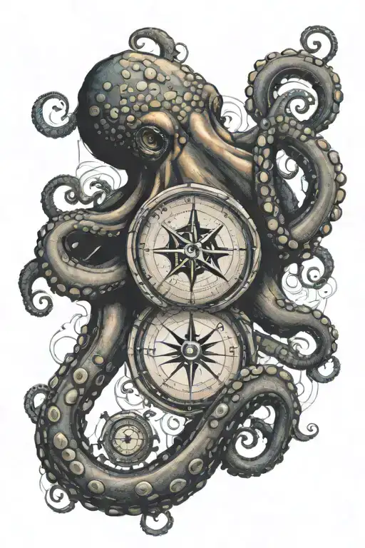 a detailed octopus with a nautical map and compass background tattoo design idea