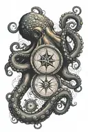 a detailed octopus with a nautical map and compass background tattoo design idea