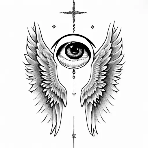 angel wings with eye and halo tattoo design idea