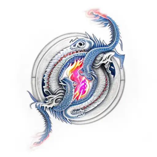 Yin and Yang fire and ice dragon with Sagittarius symbol tattoo design idea