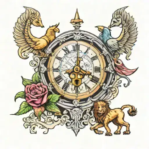 roman numerals clock pointing at 1:00 am with zodiac sign pieces and date of birth 14 march 2001  tattoo design idea