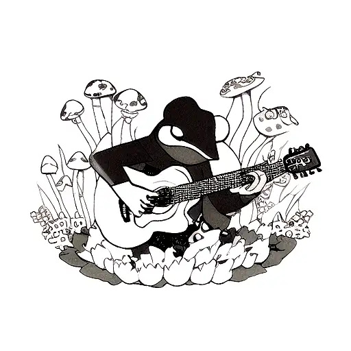 A blackwork tattoo of a frog playing a guitar surrounded by mushrooms and flowers tattoo design idea