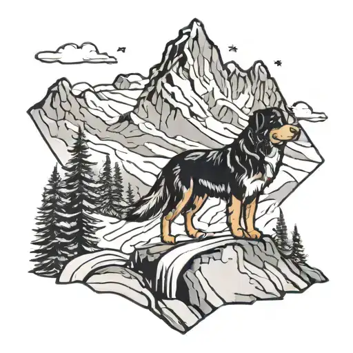mountain with stream and bernese mountain dog. snowboard trails in background on mountain. black and white tattoo design idea