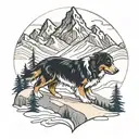 mountain with stream and bernese mountain dog. snowboard trails in background on mountain. black and white tattoo design idea