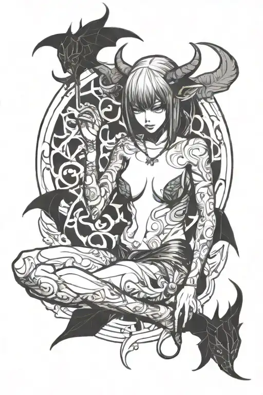 full body nude anime girl succubus tattoo design idea