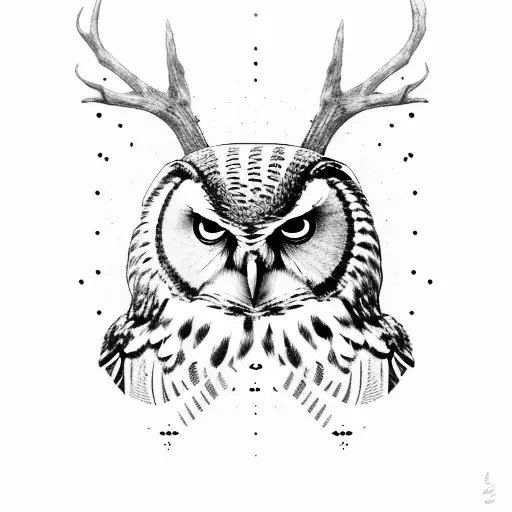 human face with owl and deer tattoo design idea