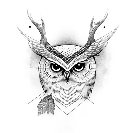 female face with owl and deer tattoo design idea