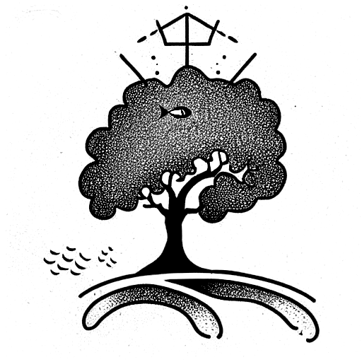 A fish at the base of an oak tree looking up  tattoo design idea