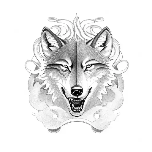 A motorcycle roaring through a winding road with a wolf riding it, surrounded by musical notes tattoo design idea