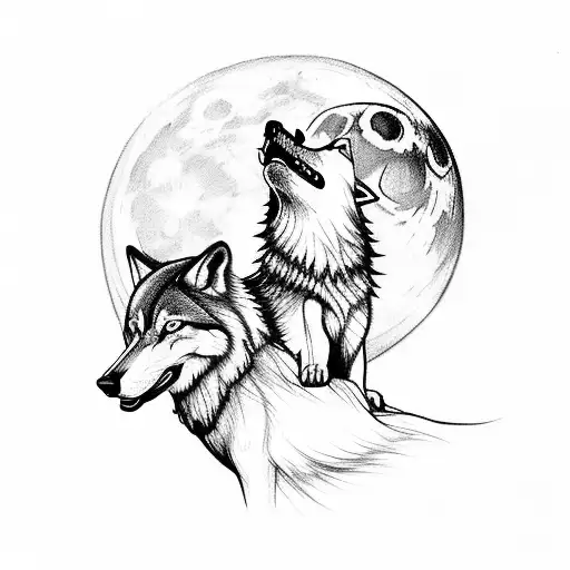 A wolf howling at the moon while riding a motorcycle, with musical symbols trailing behind tattoo design idea