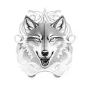 A motorcycle roaring through a winding road with a wolf riding it, surrounded by musical notes tattoo design idea