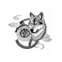 A motorcycle roaring through a winding road with a wolf riding it, surrounded by musical notes tattoo design idea