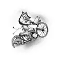 A motorcycle roaring through a winding road with a wolf riding it, surrounded by musical notes tattoo design idea