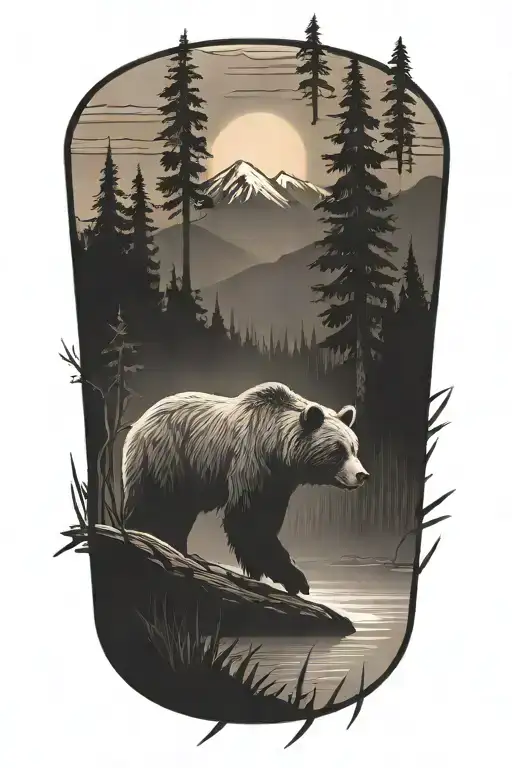 rayscale of a grizzly bear in the woods crossing a river on a log in front of a mountain sunset tattoo design idea