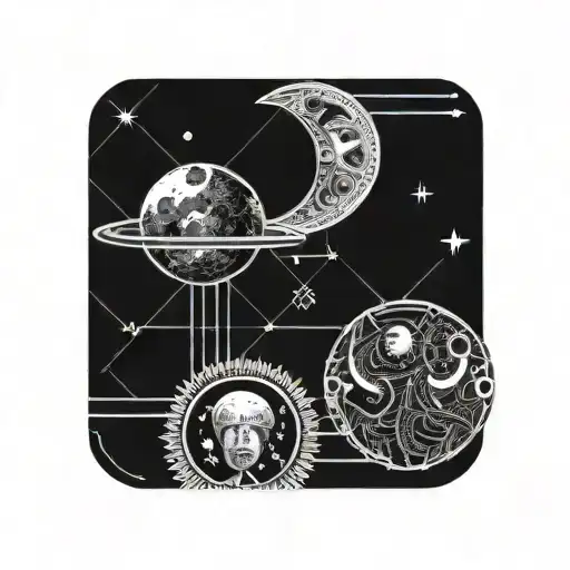 sun, earth, and moon in a line with surrounding geometric lines tattoo design idea