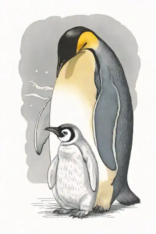 adult emperor penguin looking down at a baby emperor penguin, who is looking up tattoo design idea