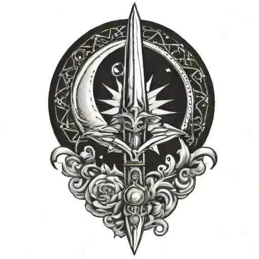 dagger with sun moon and star detailing round the blade  tattoo design idea