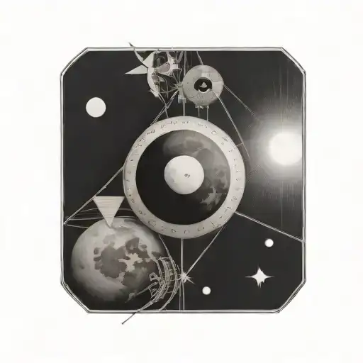 sun, earth, and moon in a line with surrounding geometric lines tattoo design idea