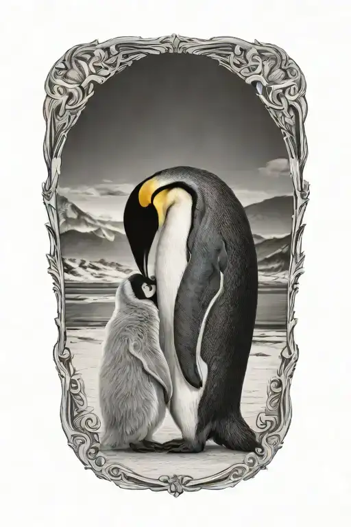 adult emperor penguin looking down at a baby emperor penguin, who is looking up tattoo design idea
