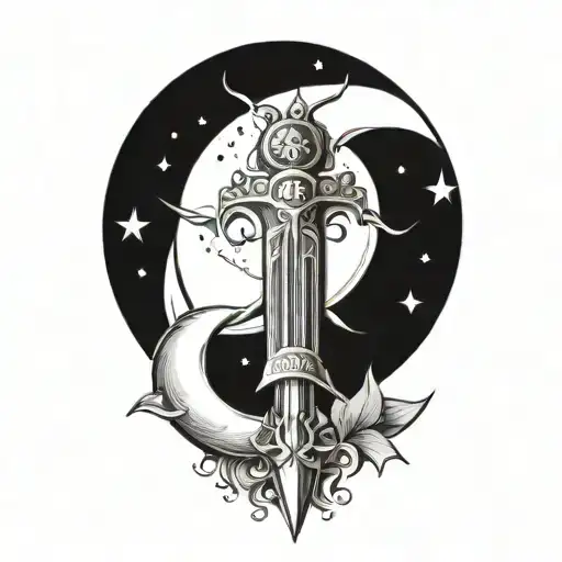 dagger with sun moon and star detailing round the blade  tattoo design idea