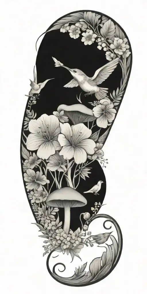Black and grey full sleeve with mushrooms, ferns, flowers, and birds tattoo design idea