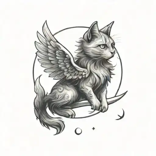 cat with wings jumping over a crescent moon tattoo design idea