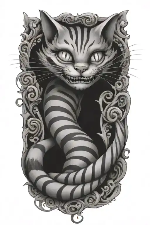 cheshire cat curled tattoo design idea