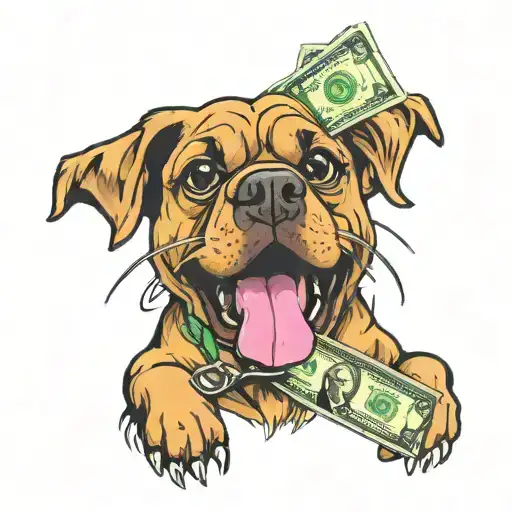 dog holding cash in mouth tattoo design idea