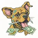 dog holding cash in mouth tattoo design idea