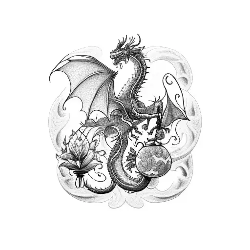 An intricate blackwork tattoo featuring a dragon and an hourglass entwined together, with hibiscus flowers scattered throughout tattoo design idea