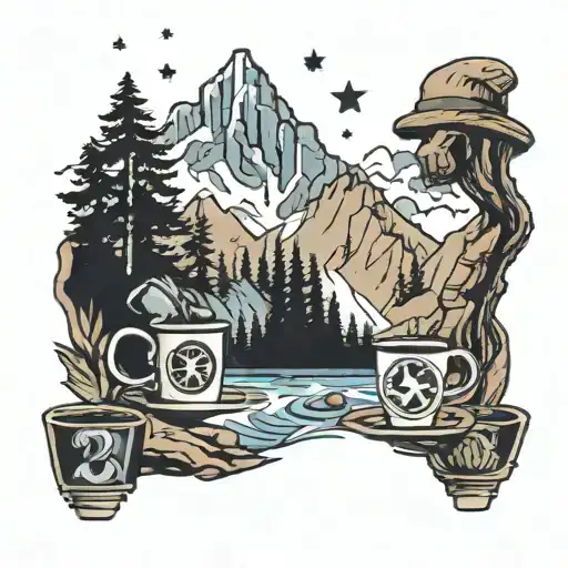 hiker in mountain next to river, 2 coffee cups with number 25 on it, 5 stars in sky  tattoo design idea