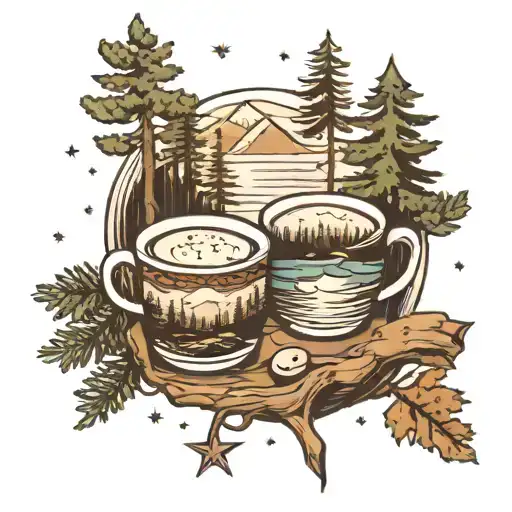 river through mountain, pine trees, 2 coffee cups with 25 on it, stars in sky tattoo design idea