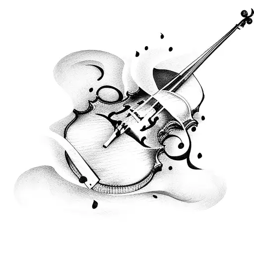 Violin bridge transforming into a river flowing with musical notes tattoo design idea