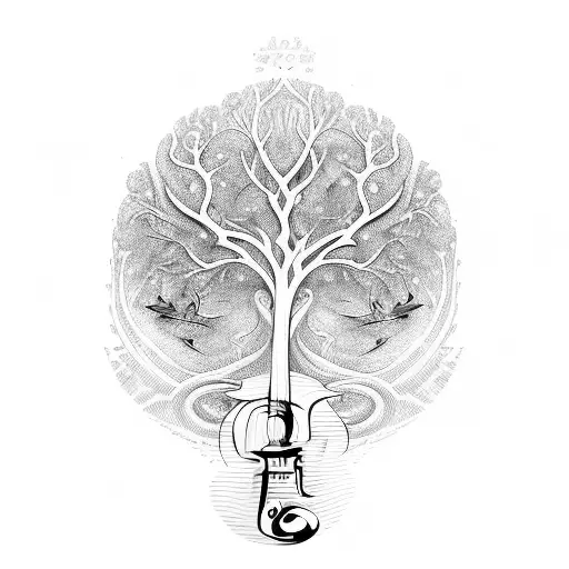 Violin scroll morphing into a majestic tree with musical notes as birds tattoo design idea