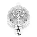 Violin scroll morphing into a majestic tree with musical notes as birds tattoo design idea