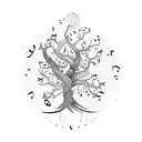Violin scroll morphing into a majestic tree with musical notes as birds tattoo design idea