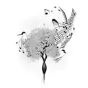 Violin scroll morphing into a majestic tree with musical notes as birds tattoo design idea