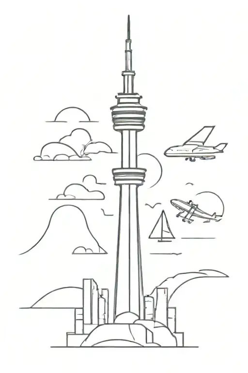 CN tower with culinary icons, skateboards, surf and snowboard, symbol of Venezuela, poland aimbolo tattoo design idea