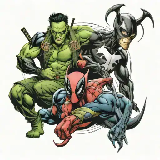 Loki, Deadpool and Venom characters together symbolizing tattoo design idea