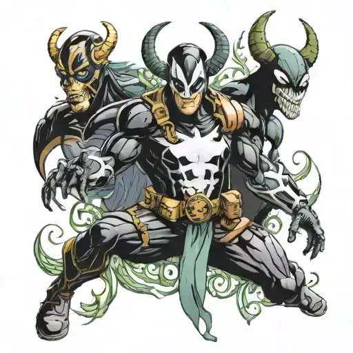 loki ,deadpool and venom character surrounded tattoo design idea